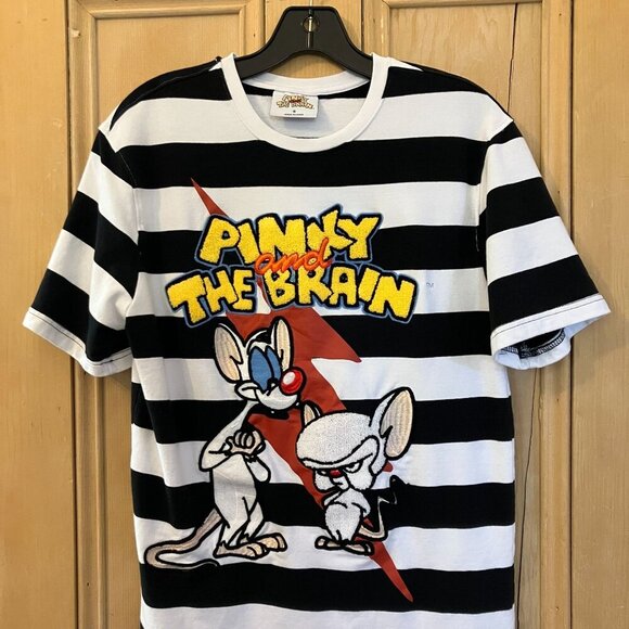 Pinky and The Brain Mens Embroidered Striped Shirt Size Small White Black AN EXC - Picture 9 of 11